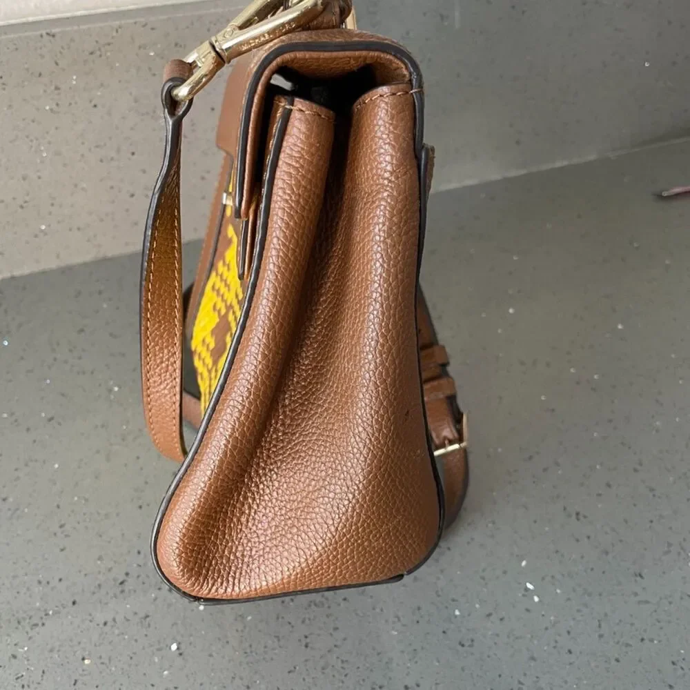 Michael Kors Mini Bag Karson Satchel Woven Brown Yellow Leather crossbody